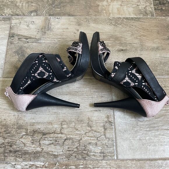 BKE Lace Open Toe Stiletto Sandals Size 7 Buckle Edgy Black Bikercore High Heels - Picture 10 of 12